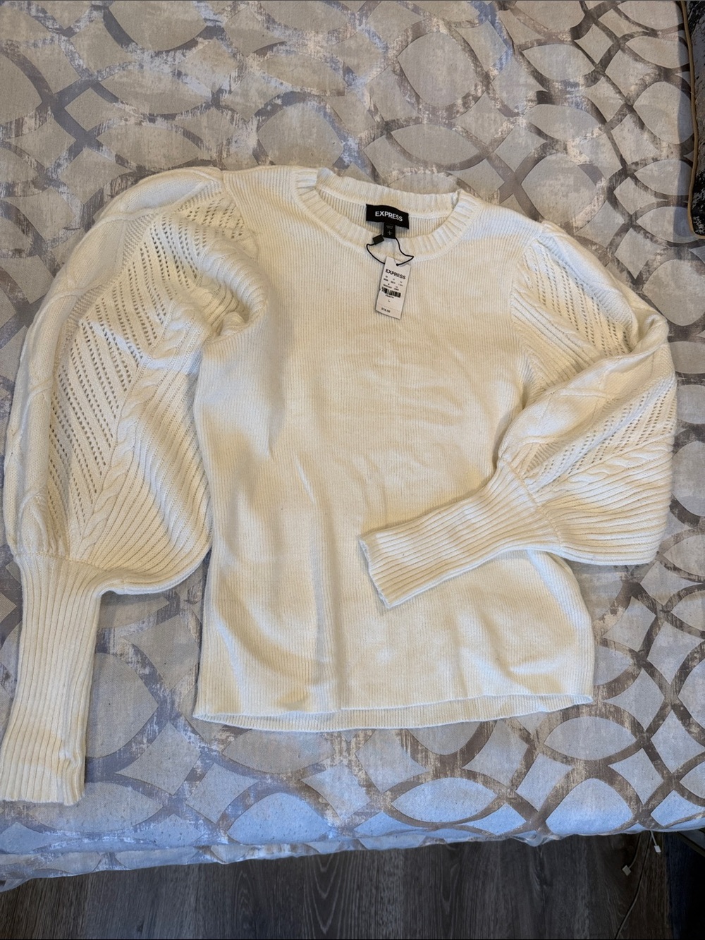 Express Men's Cream Crewneck Sweater with Knit Balloon Sleeves